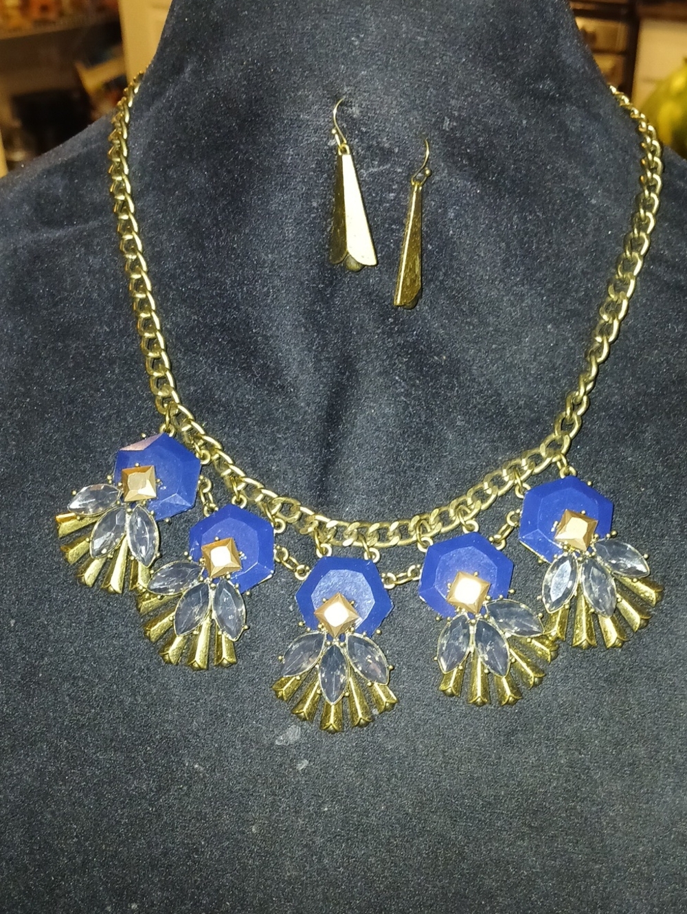 Gold-Tone Blue Statement Necklace and Earring Set